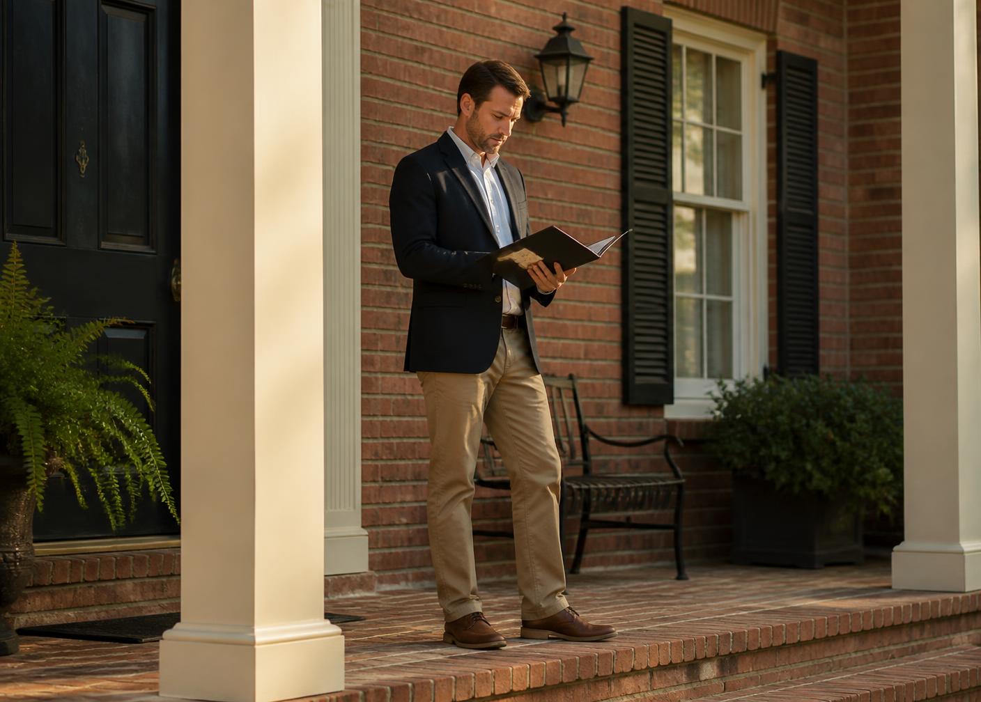 A steward reviewing notes on the porch of a brick residence